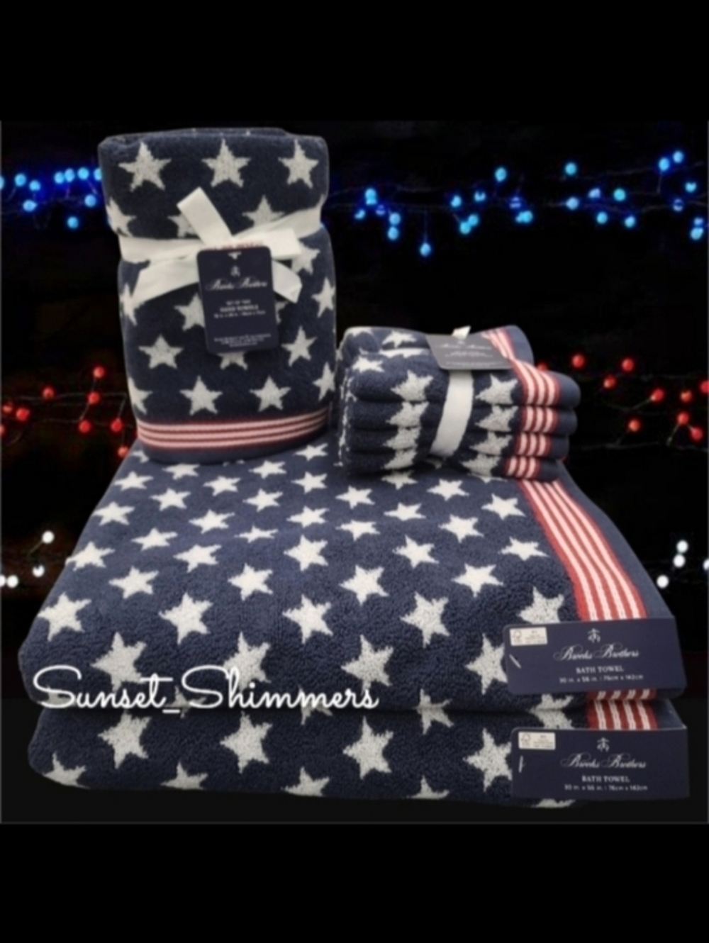 Brooks Brothers Patriotic July 4th Stars Stripes Bath Hand Washcloth Towel Set